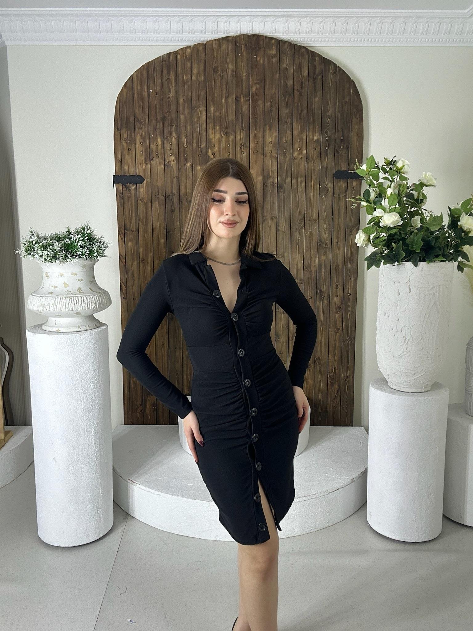 Toparlayıcı Ottoman Kumaş Drapeli Gömlek Elbise Siyah