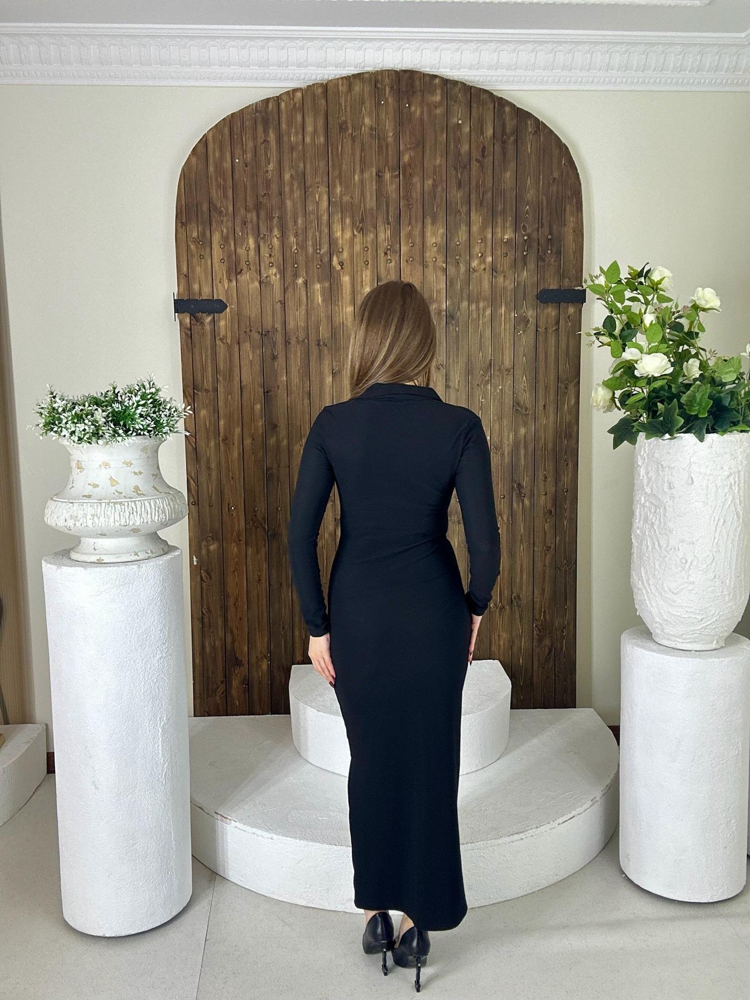 Toparlayıcı Ottoman Kumaş Gömlek Drapeli Uzun Elbise Siyah