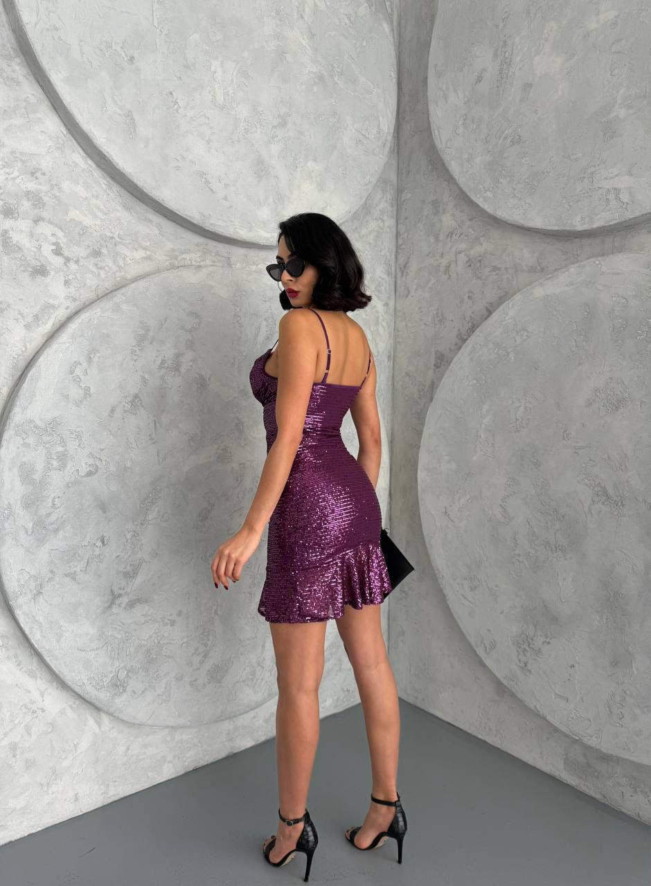 Tül Üzeri Payet İşli Askılı Eteği Volanlı Elbise Mor