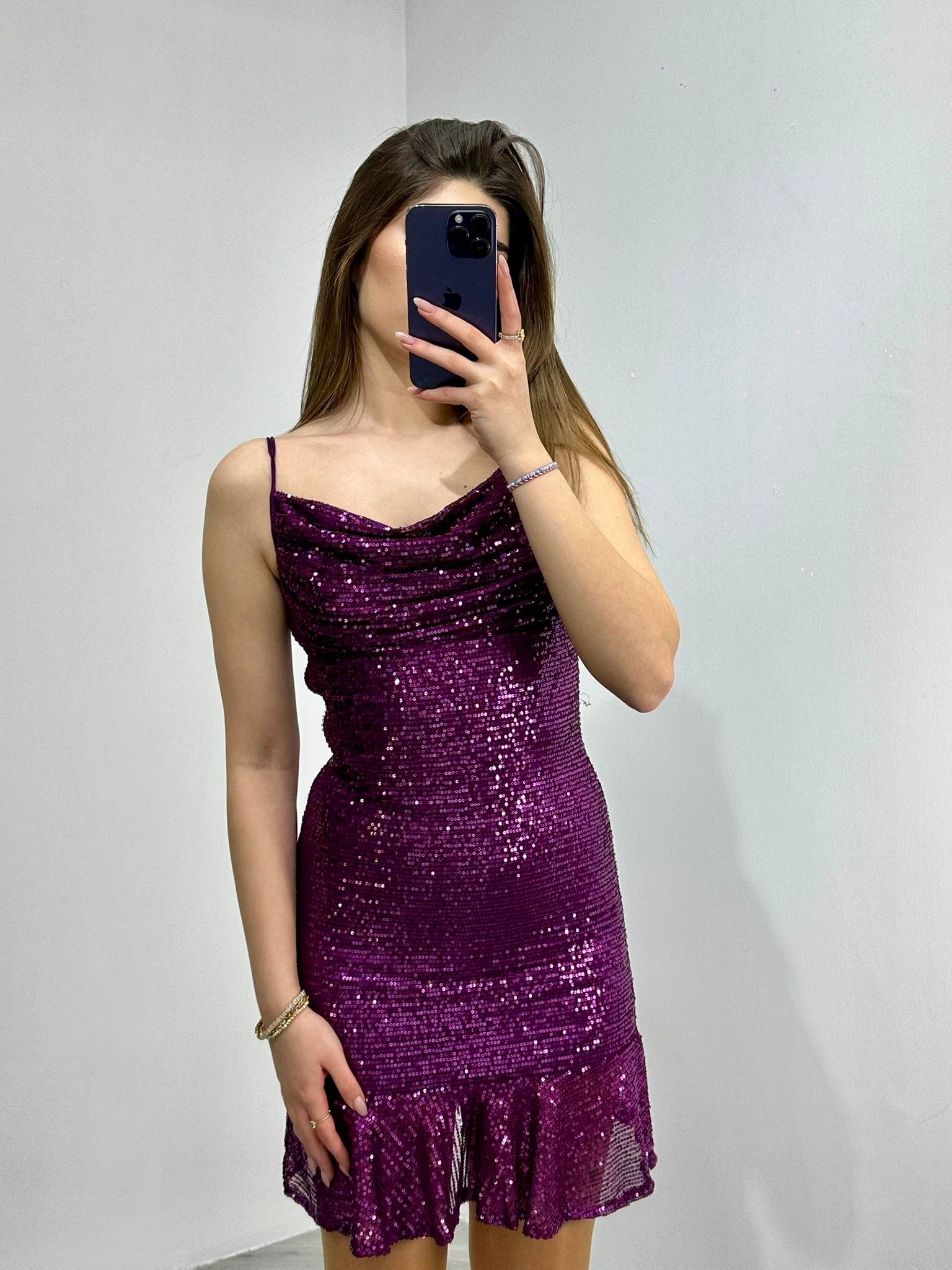 Tül Üzeri Payet İşli Askılı Eteği Volanlı Elbise Mor