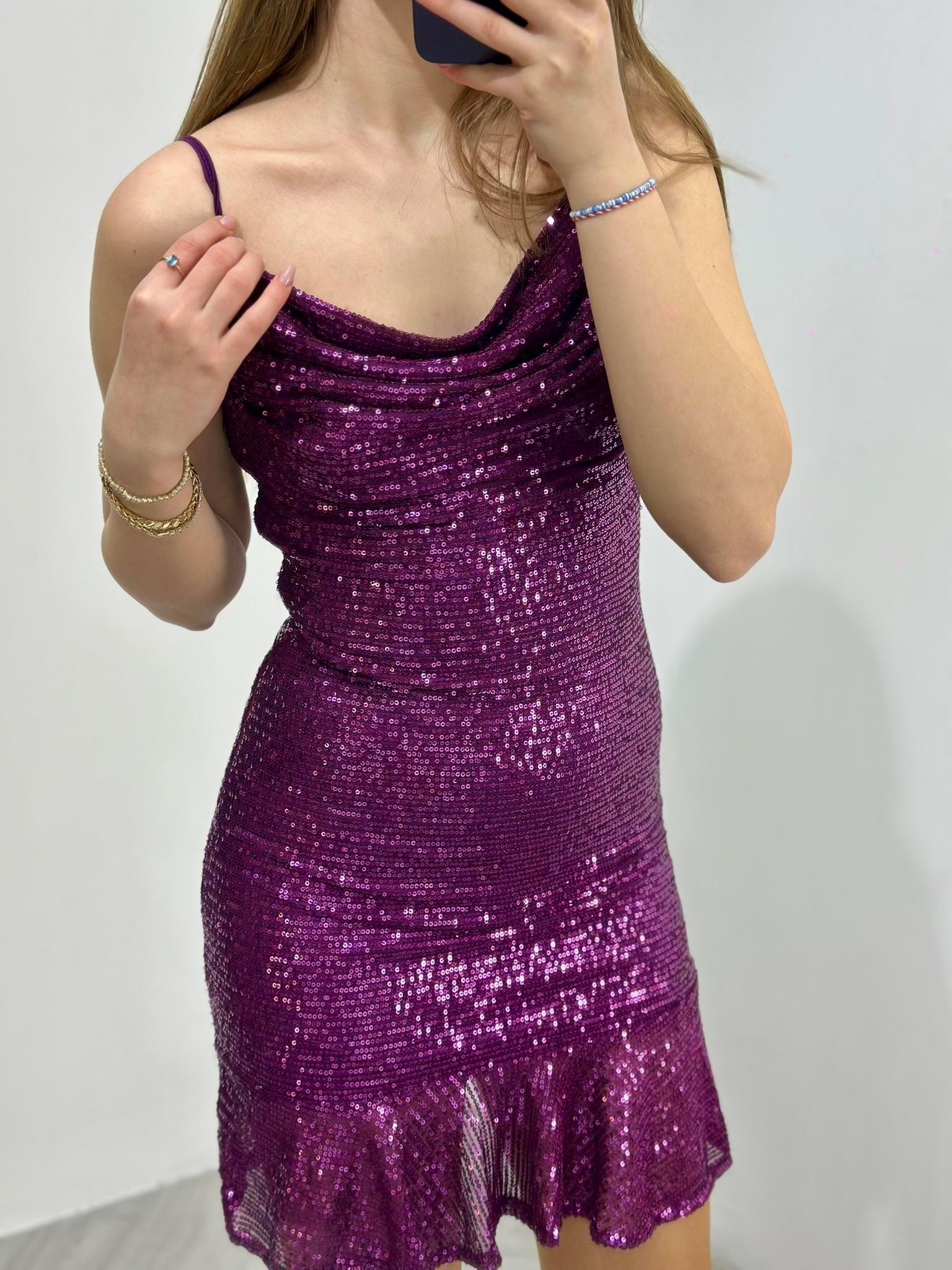 Tül Üzeri Payet İşli Askılı Eteği Volanlı Elbise Mor