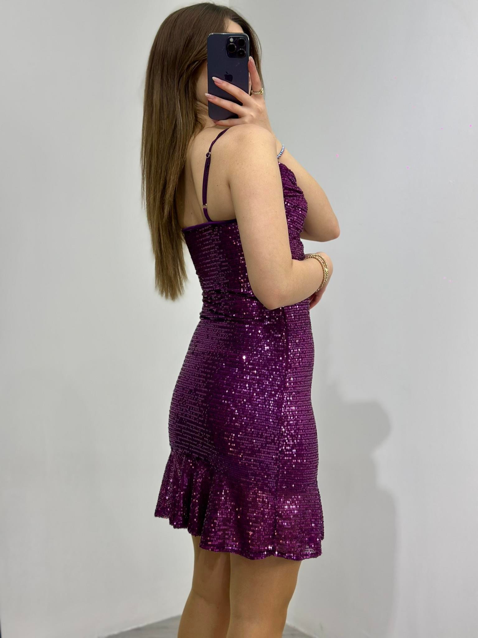 Tül Üzeri Payet İşli Askılı Eteği Volanlı Elbise Mor