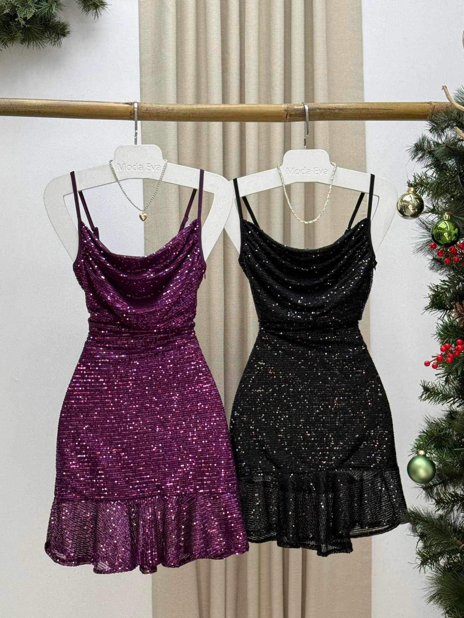 Tül Üzeri Payet İşli Askılı Eteği Volanlı Elbise Mor