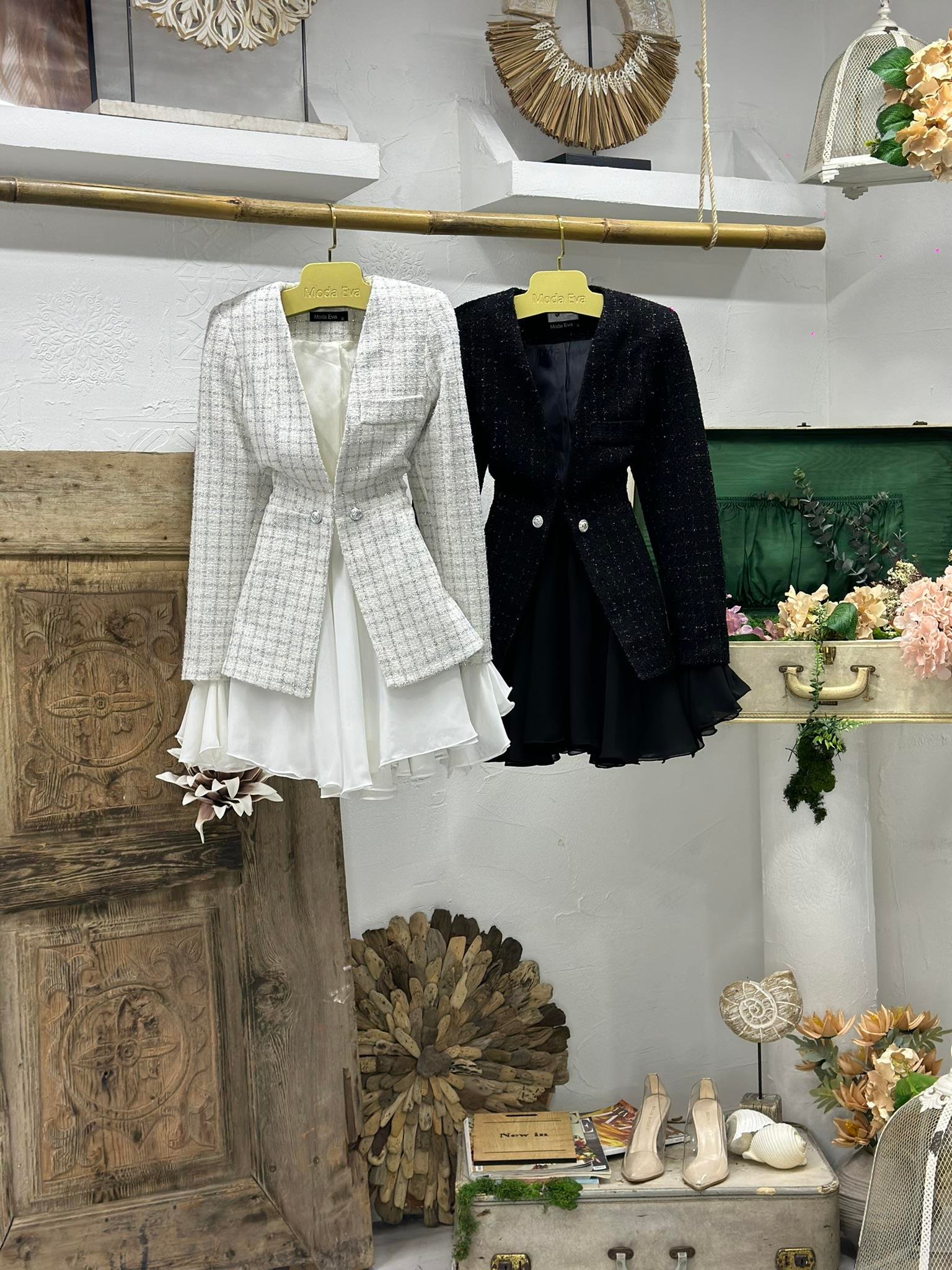 Tuvit Kumaş Ceket ve Volanlı Şifon Etek İkili Siyah Takım
