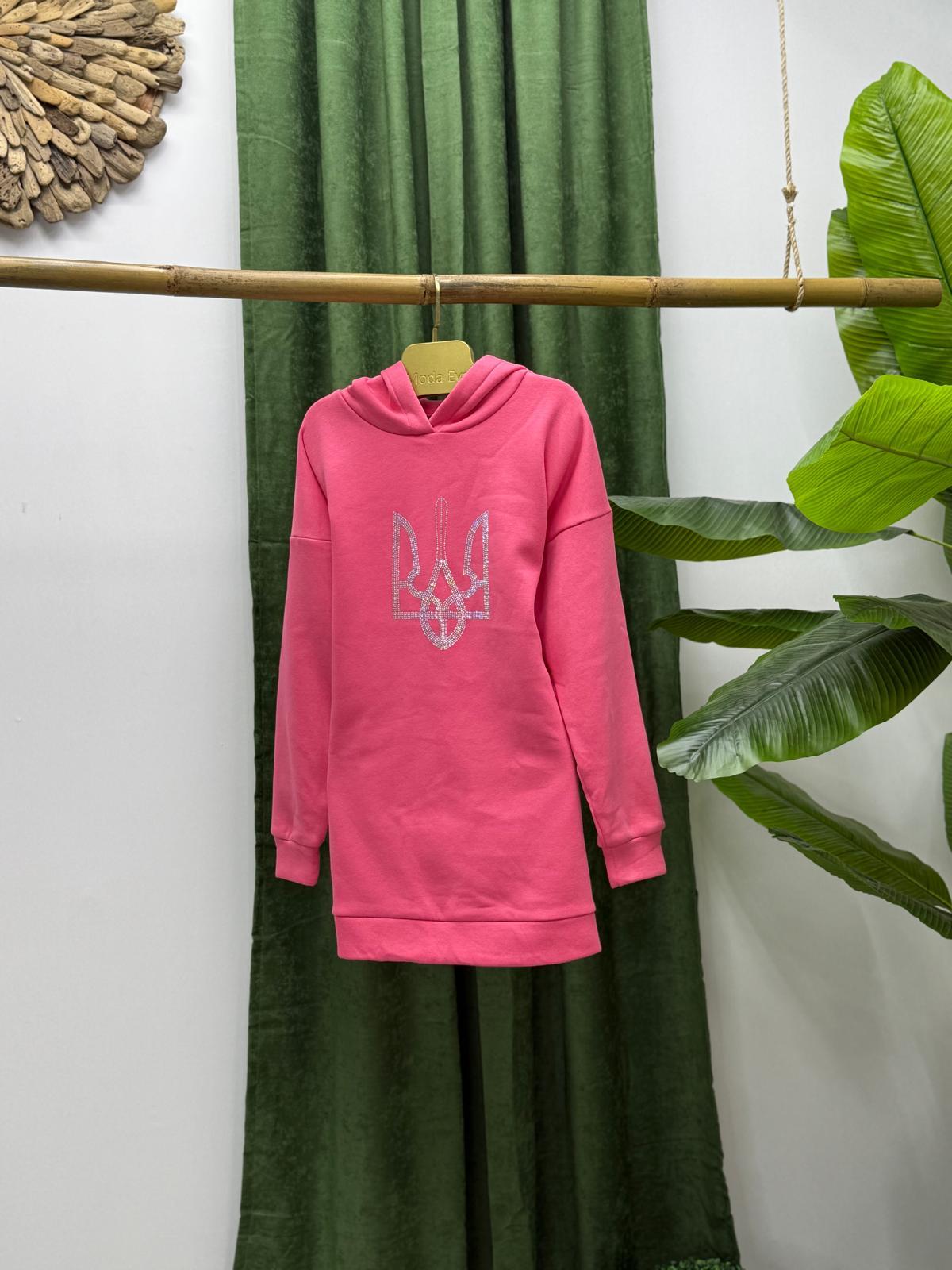 Üç İplik İçi Polar Ön Taş Dizayn Kapişonlu Uzun Sweatshirt Pembe