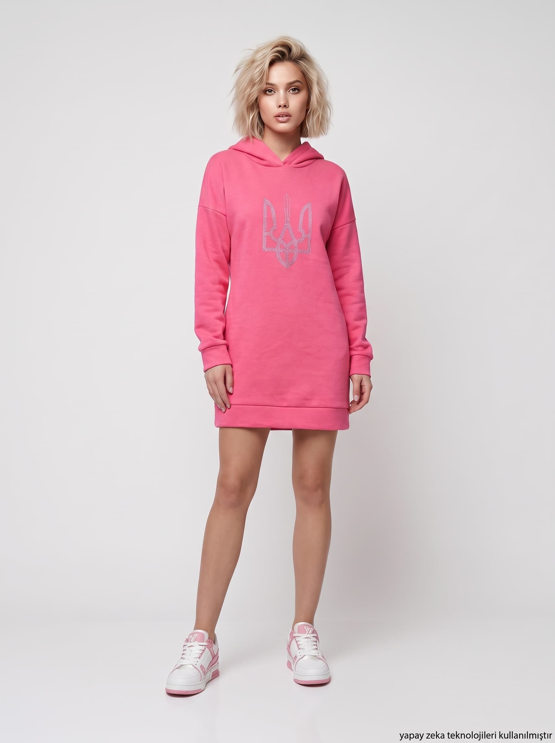 Üç İplik İçi Polar Ön Taş Dizayn Kapişonlu Uzun Sweatshirt Pembe