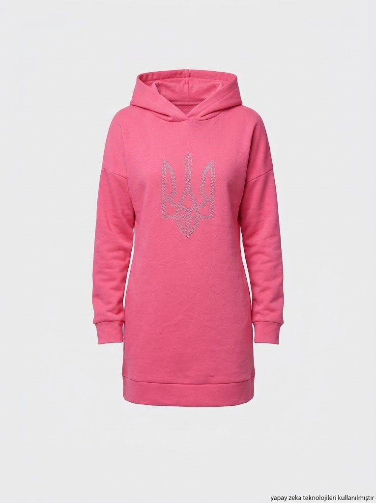 Üç İplik İçi Polar Ön Taş Dizayn Kapişonlu Uzun Sweatshirt Pembe
