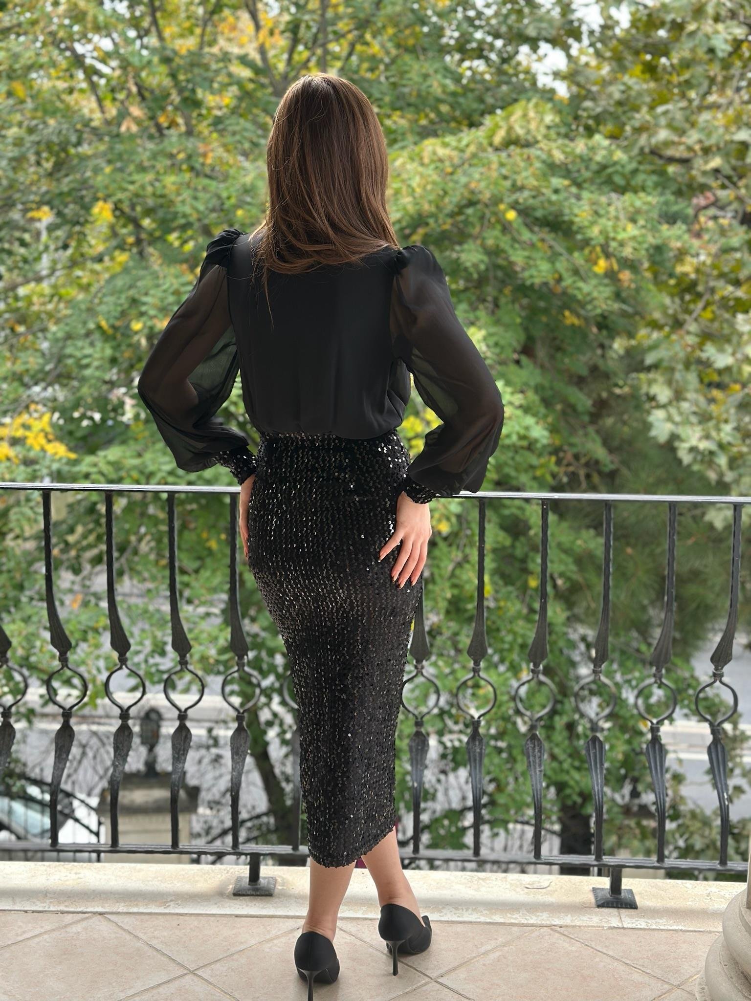 Üstü Şifon Payet Kalem Elbise Siyah