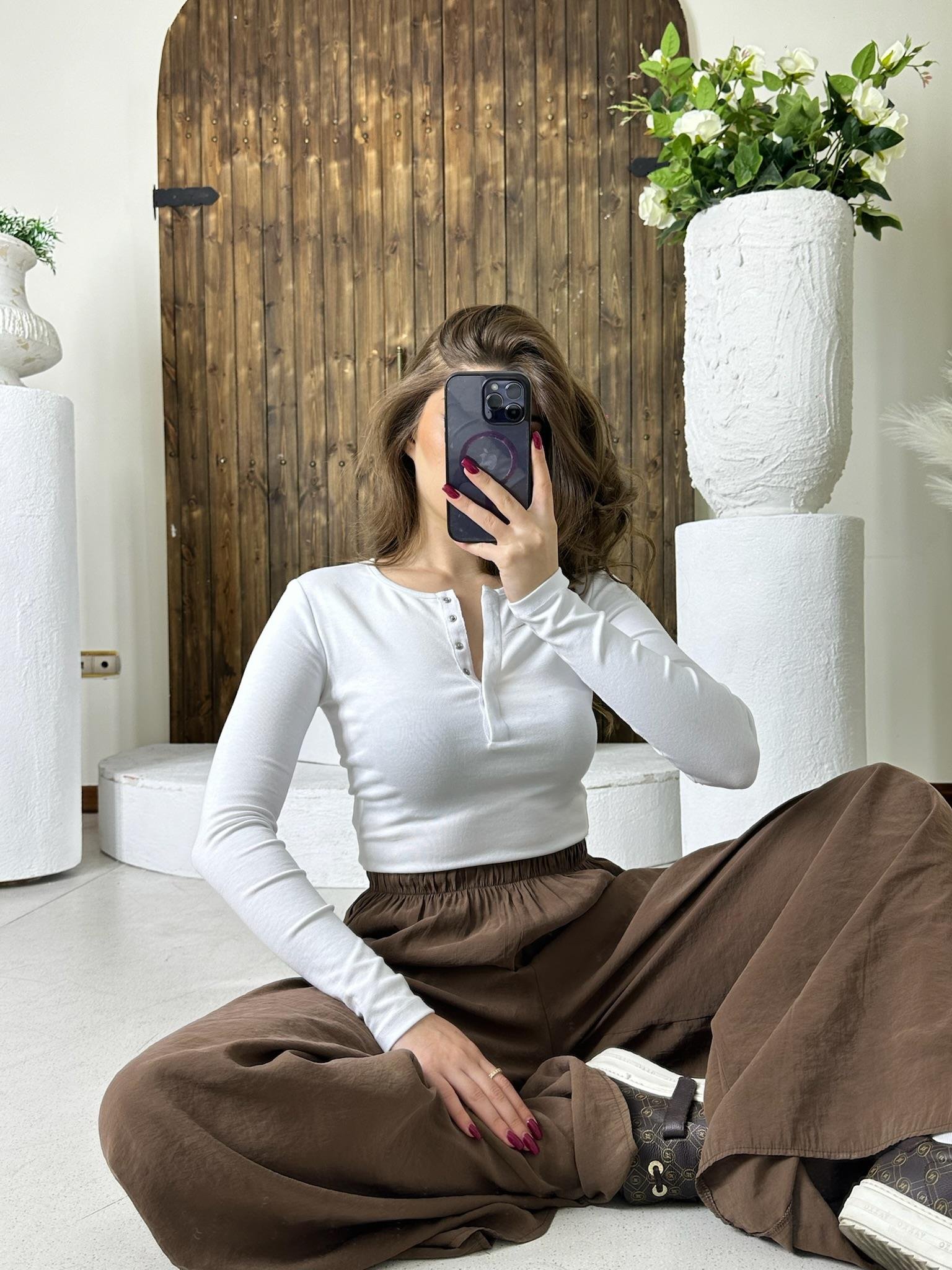 Uzun Kollu Çıtçıt Düğmeli Top Bluz Beyaz