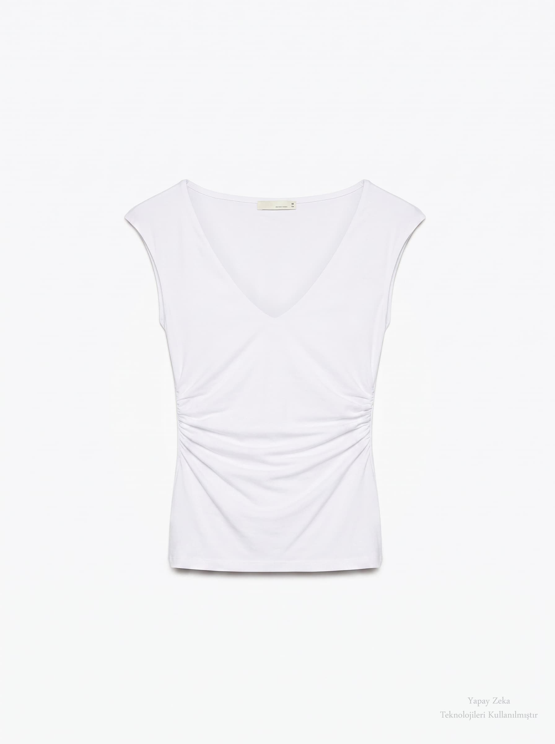 V Yaka Drape Detaylı Bluz Beyaz