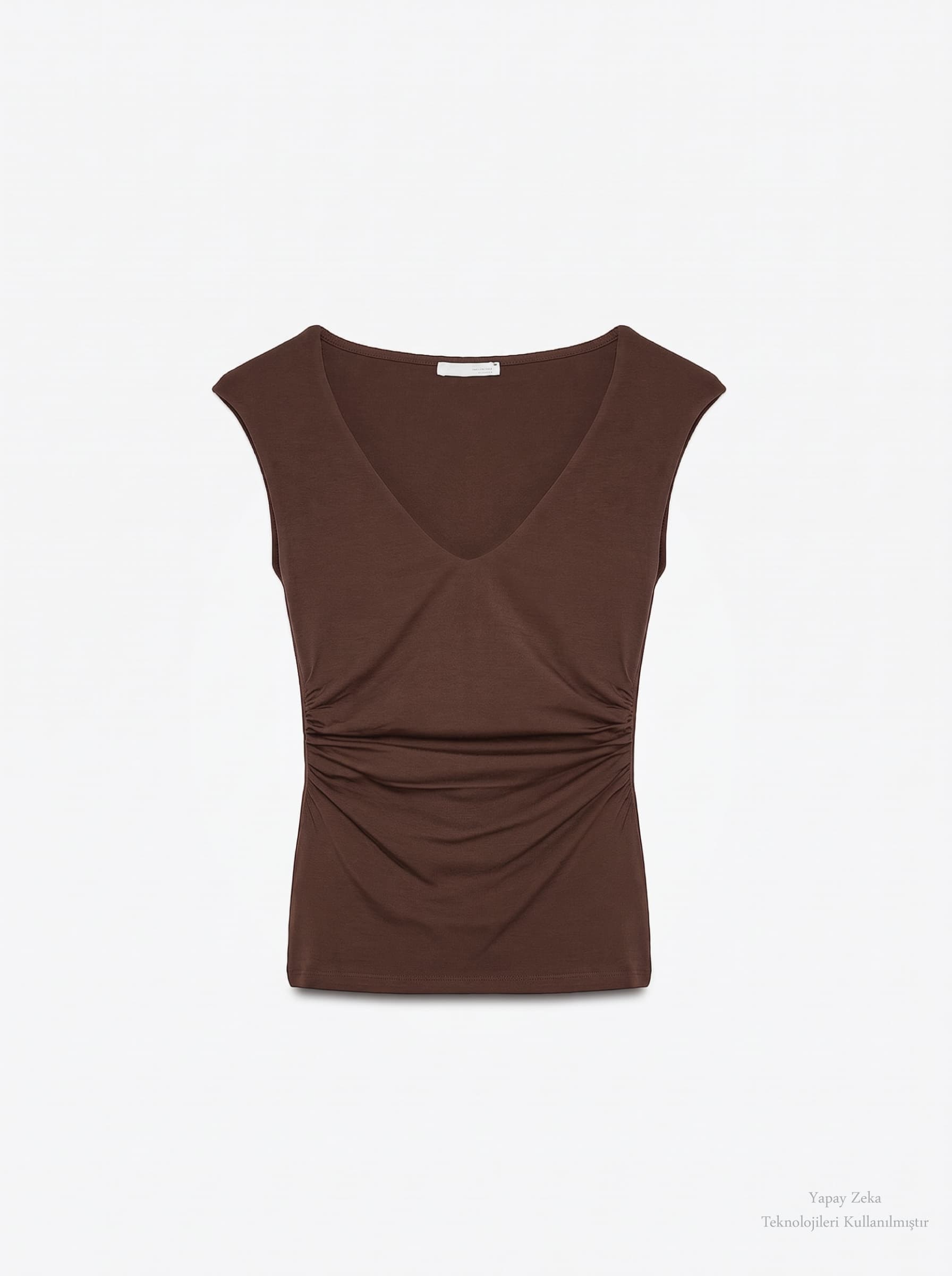 V Yaka Drape Detaylı Bluz Kahverengi