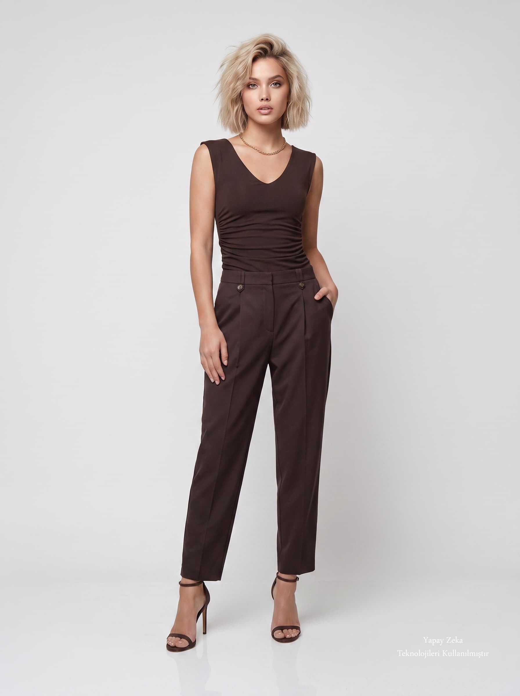V Yaka Drape Detaylı Bluz Kahverengi