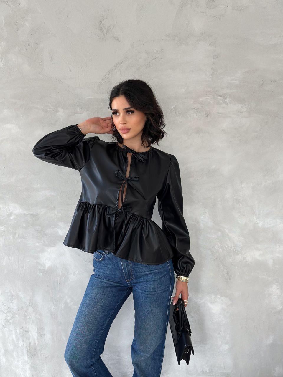 Vegan Deri Kumaş Bağlama Detay Gömlek