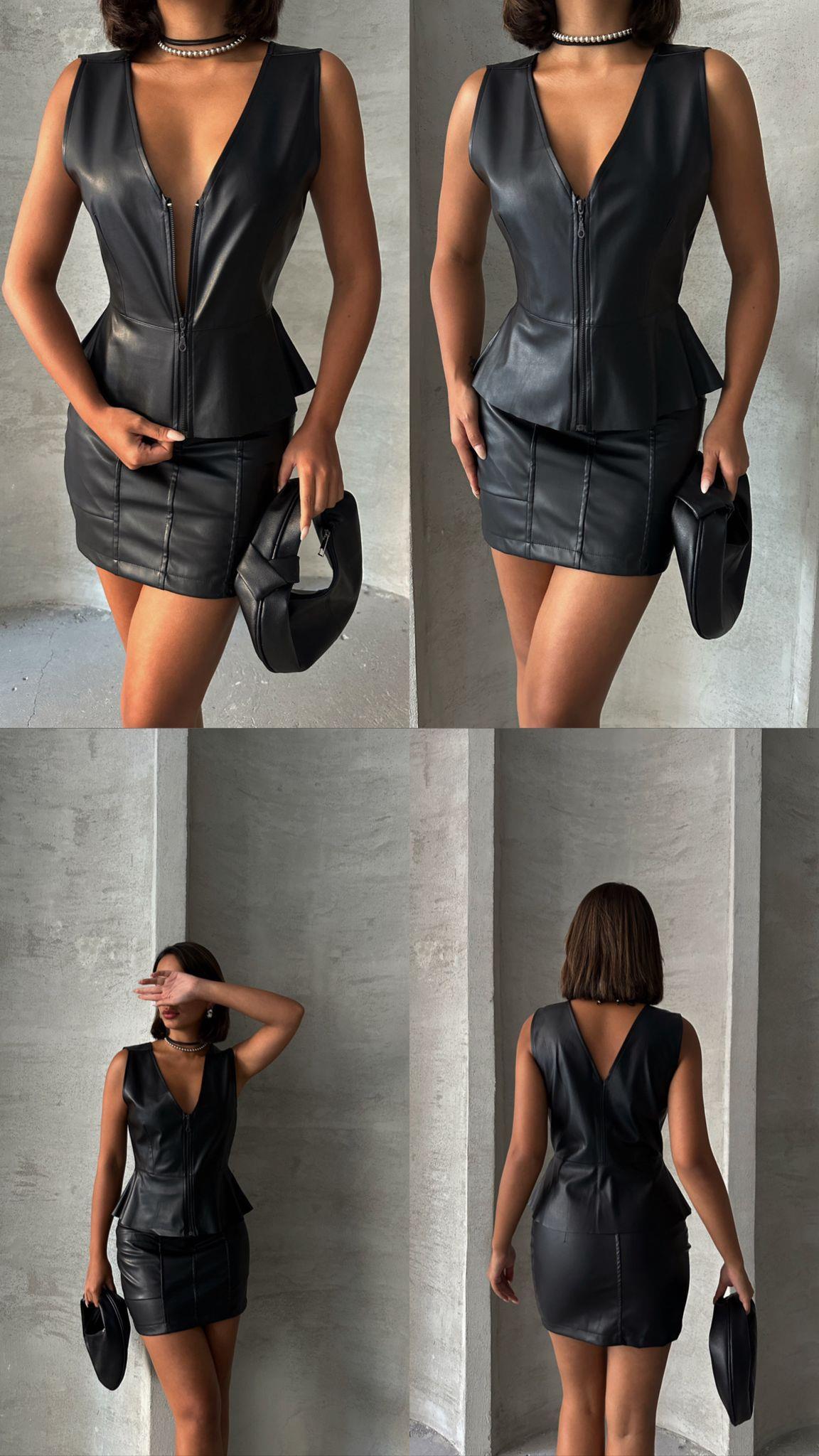 Vegan Deri Kumaş Fermuar Detay Tasarım Yelek