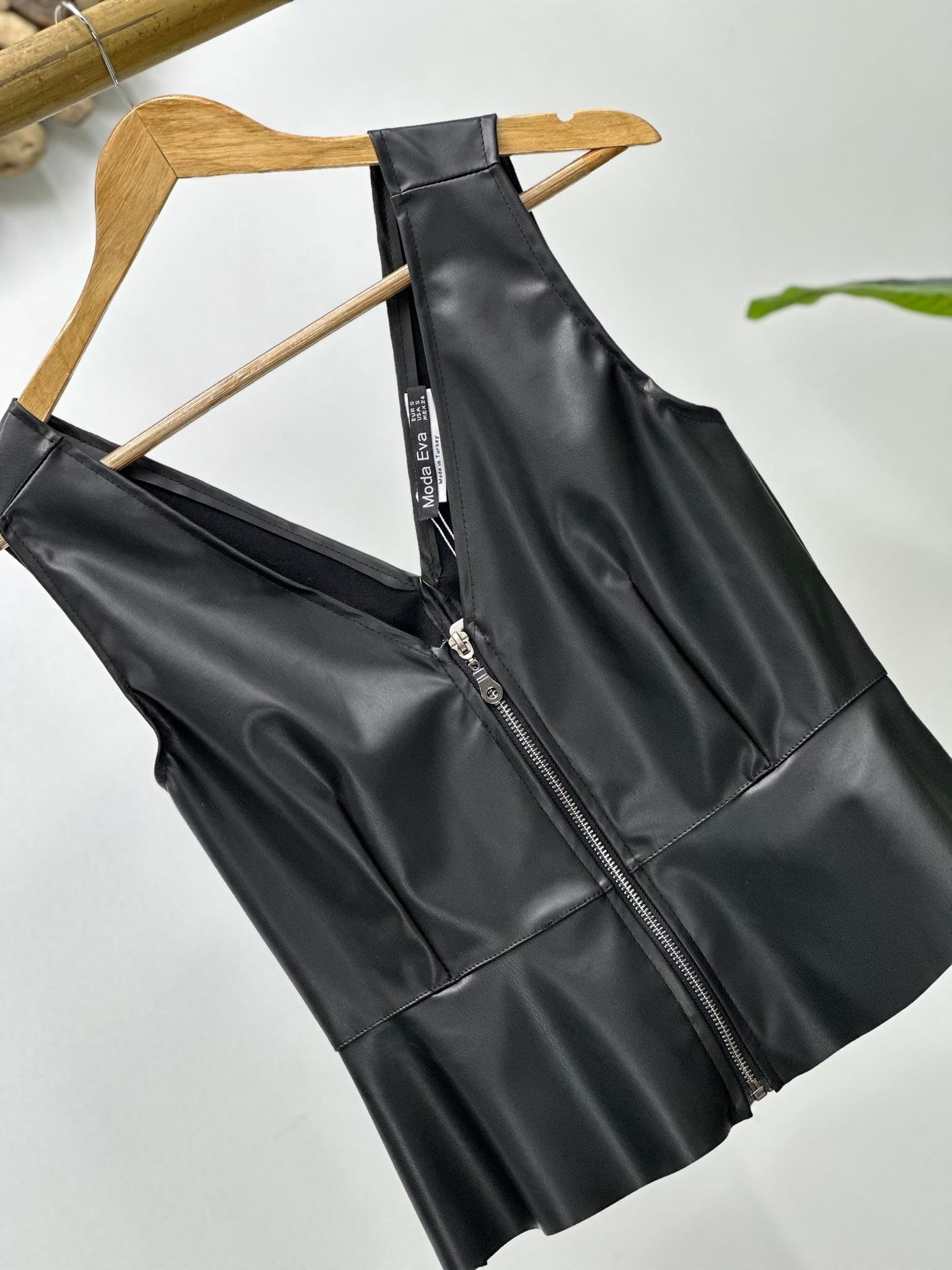 Vegan Deri Kumaş Fermuar Detay Tasarım Yelek