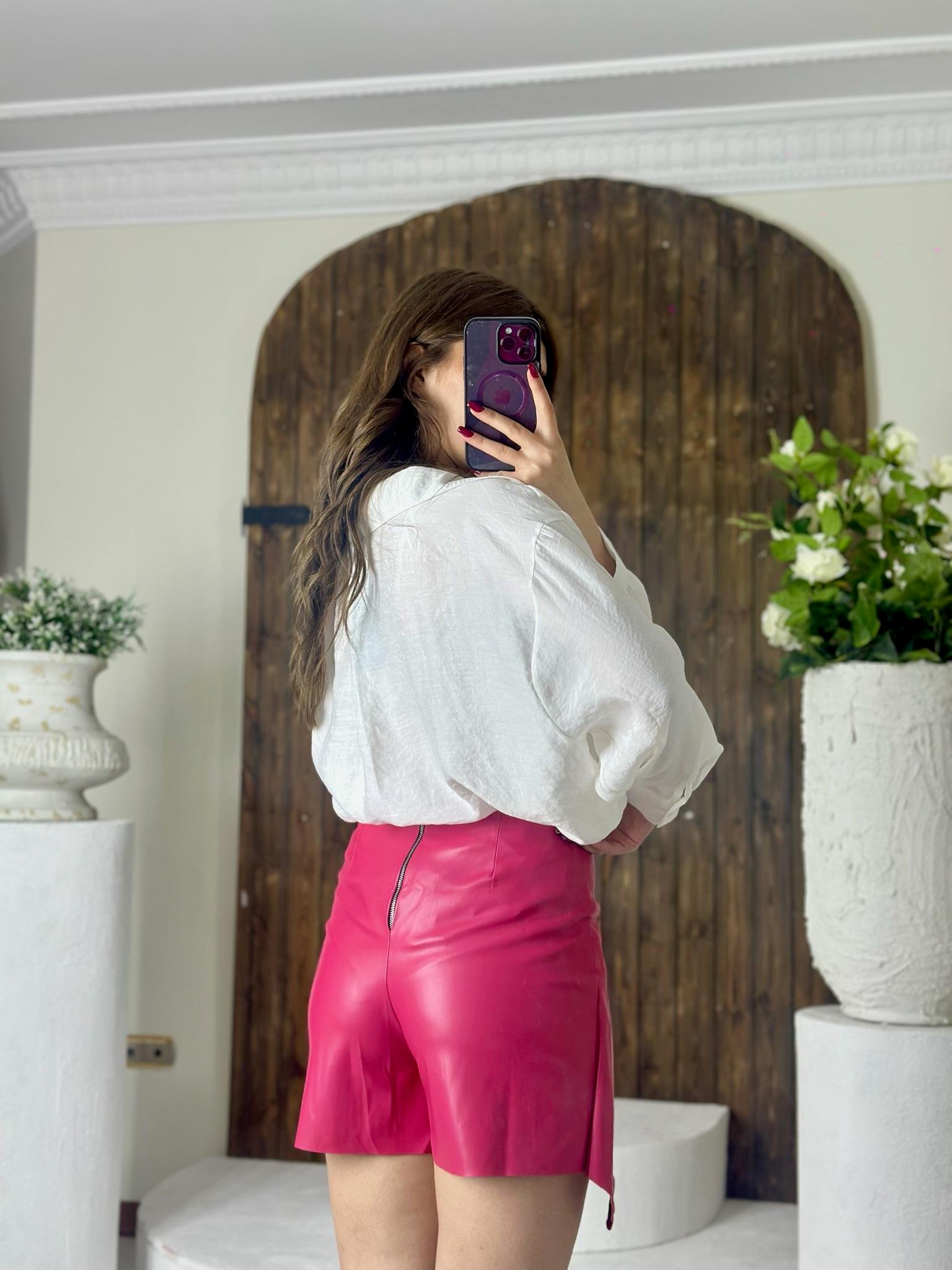 Vegan Deri Kumaş İçi Süet Kaplama Düğmeli Şort Etek Fuşya