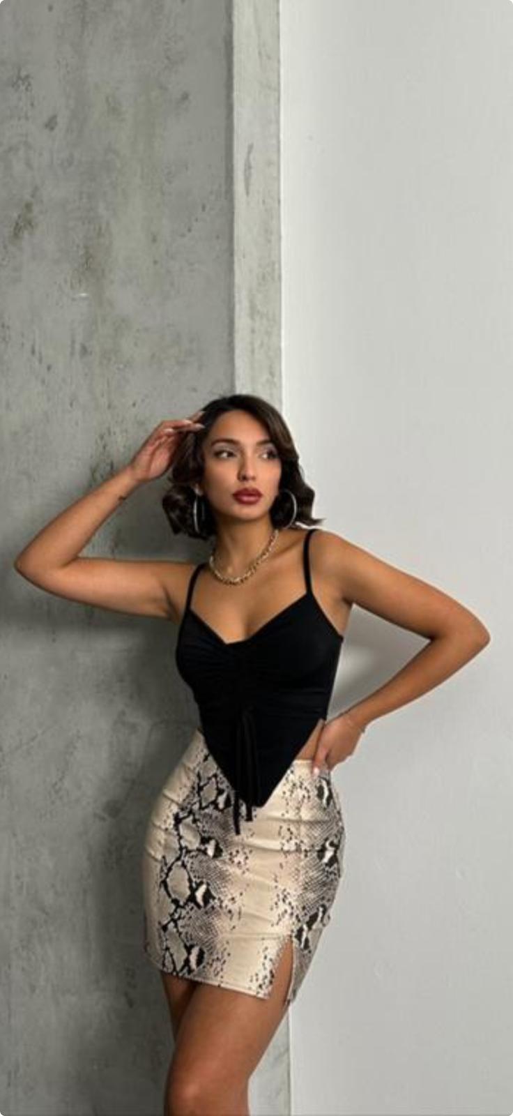 Vegan Deri Kumaş Snake Desen Mini Etek