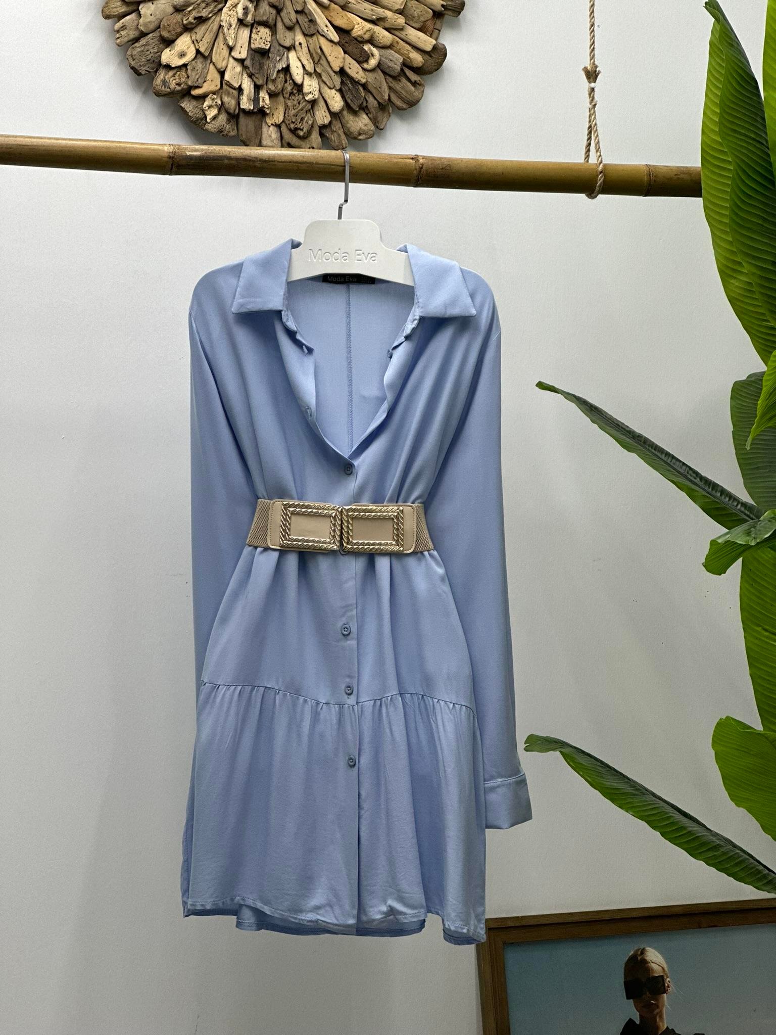 Viskon Dokuma Kumaş Asimetrik Eteği Fırfırlı Gömlek Elbise 