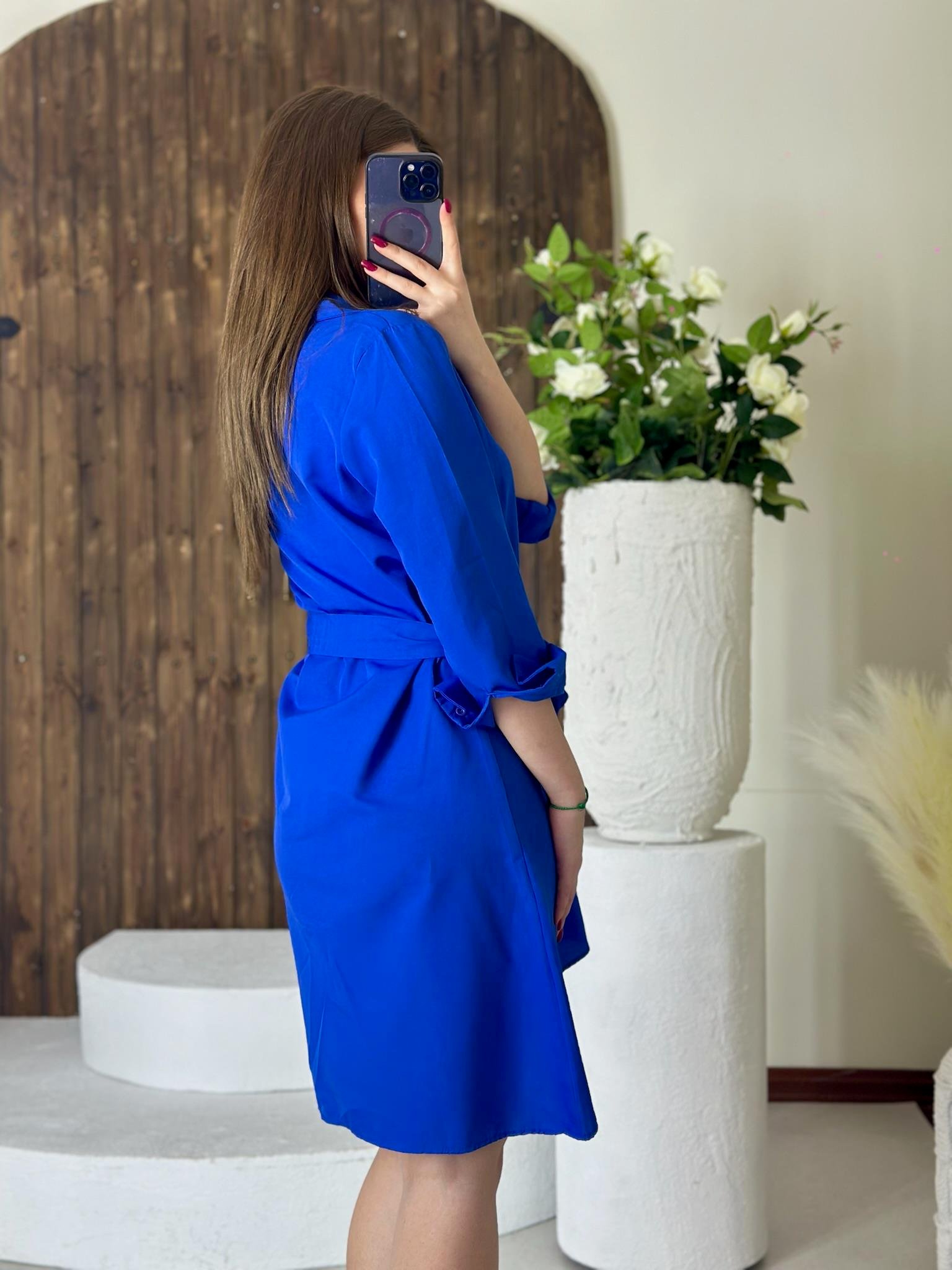 Viskon Dokuma Kumaş Asimetrik Kesim Gömlek Saks  Elbise