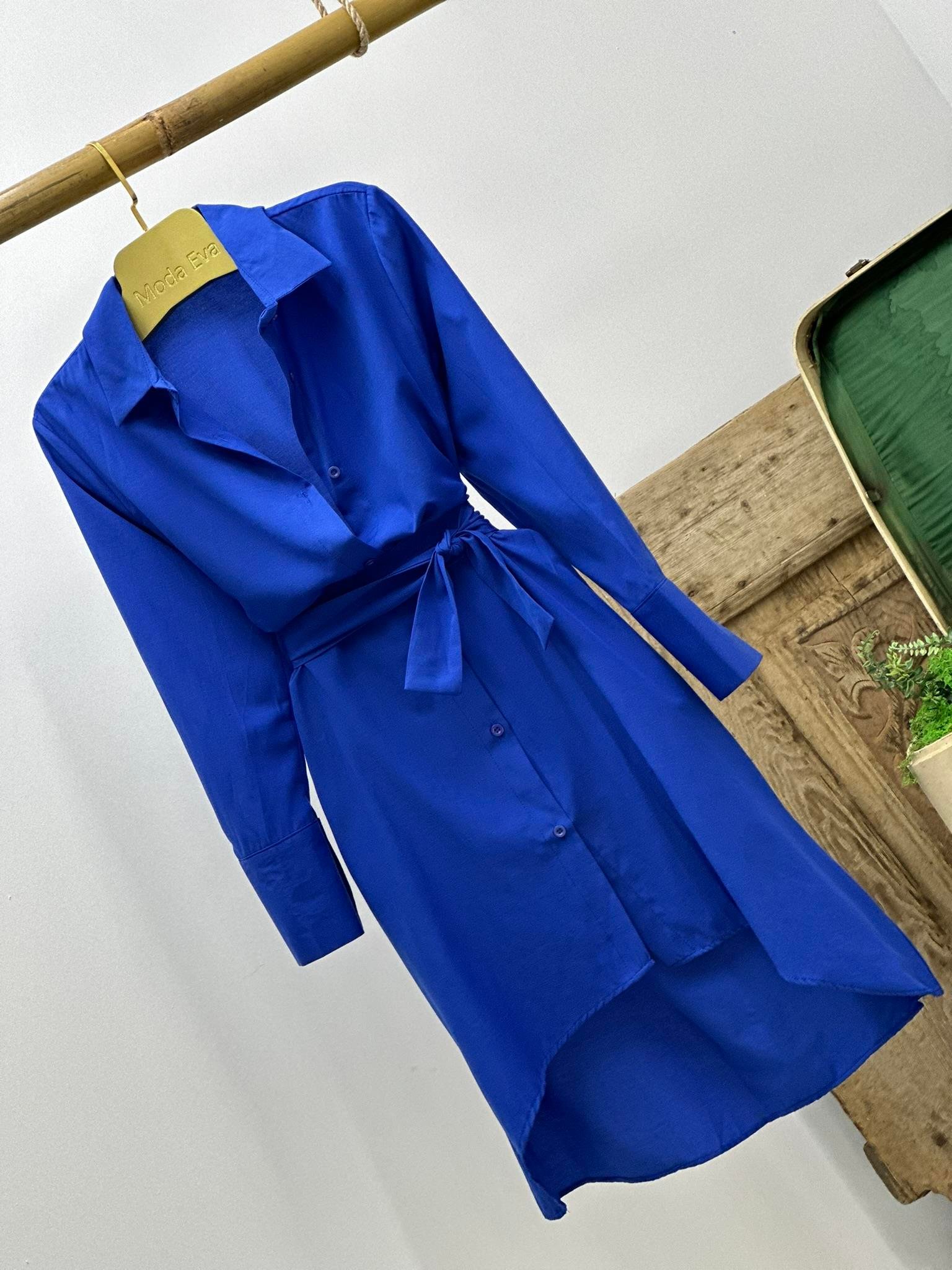 Viskon Dokuma Kumaş Asimetrik Kesim Gömlek Saks  Elbise