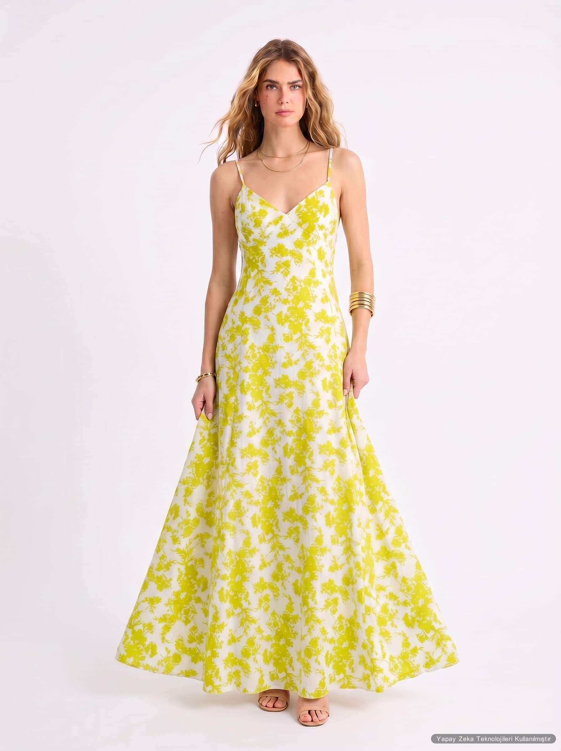 Viskon Kumaş İnce Askılı Desenli Uzun Elbise Yeşil