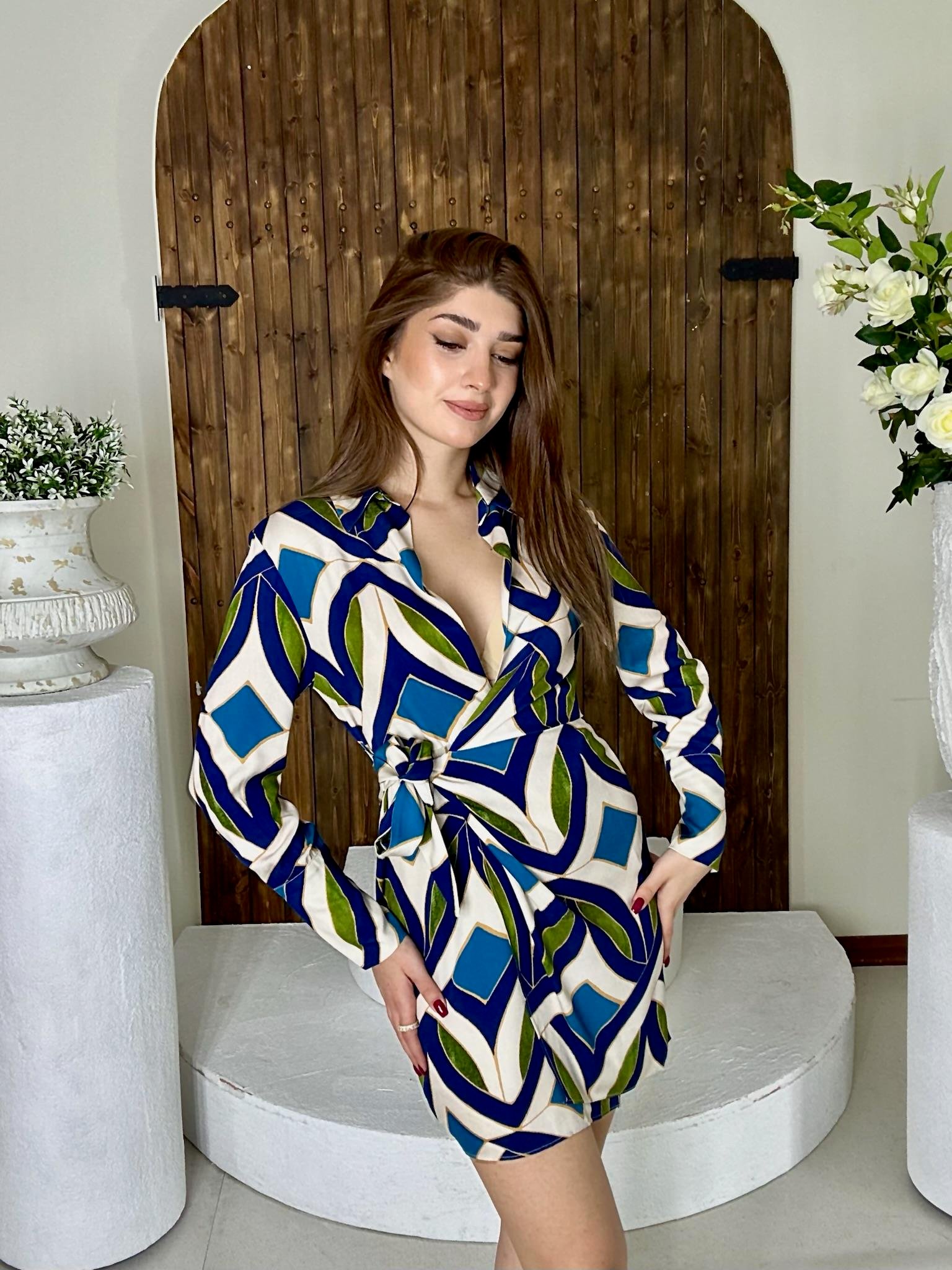 Viskon Kumaş Mavi Desenli Anvalop Gömlek Elbise