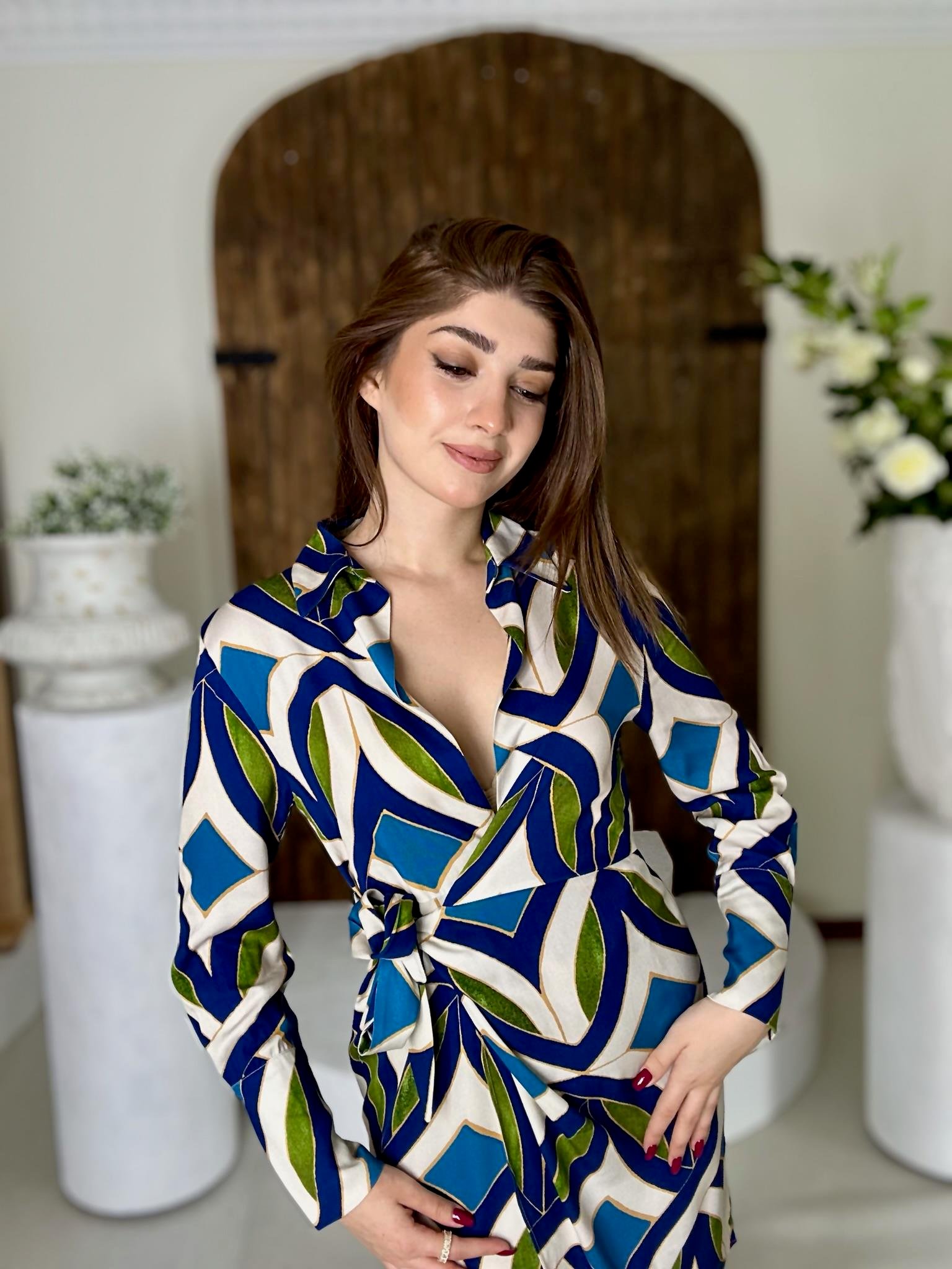 Viskon Kumaş Mavi Desenli Anvalop Gömlek Elbise