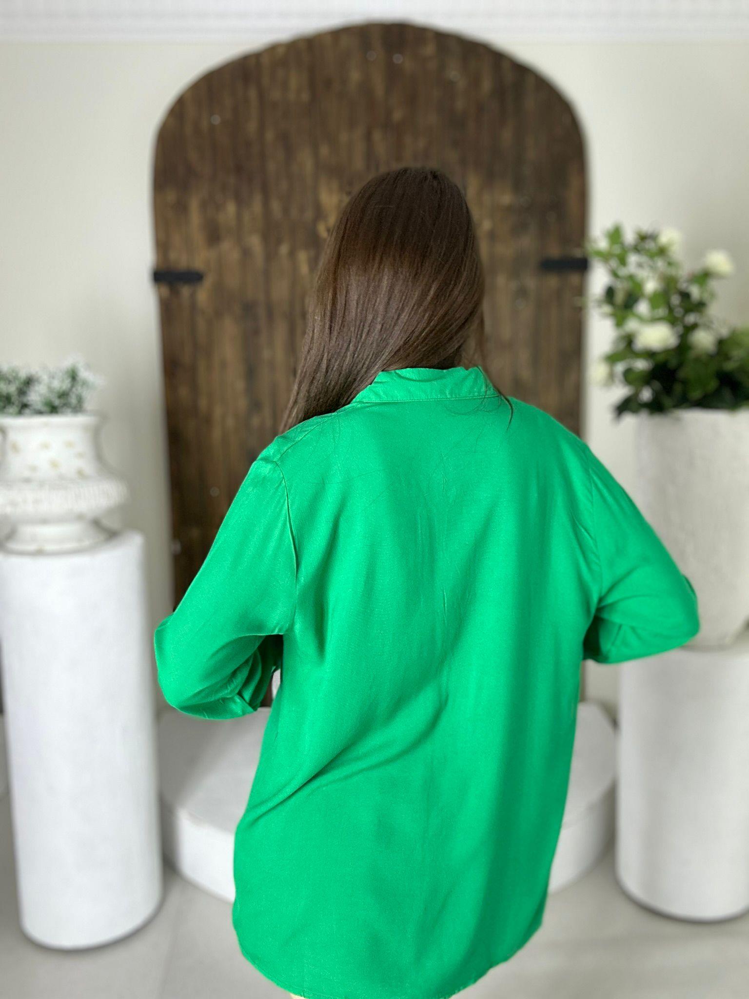 Viskon Kumaş Oversize Basic Gömlek Yeşil