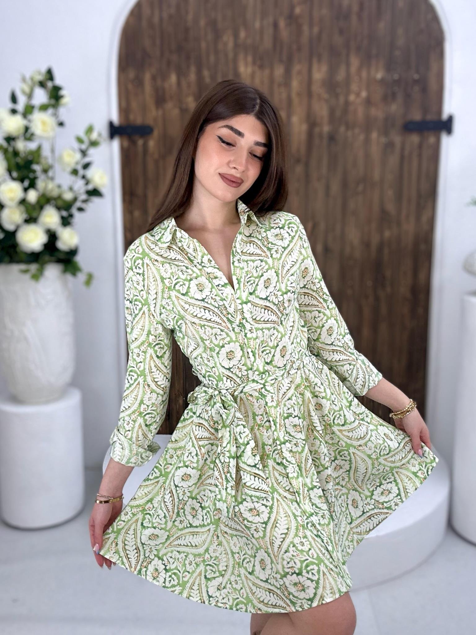 Viskon Kumaş Şal Desen Kloş Gömlek Elbise