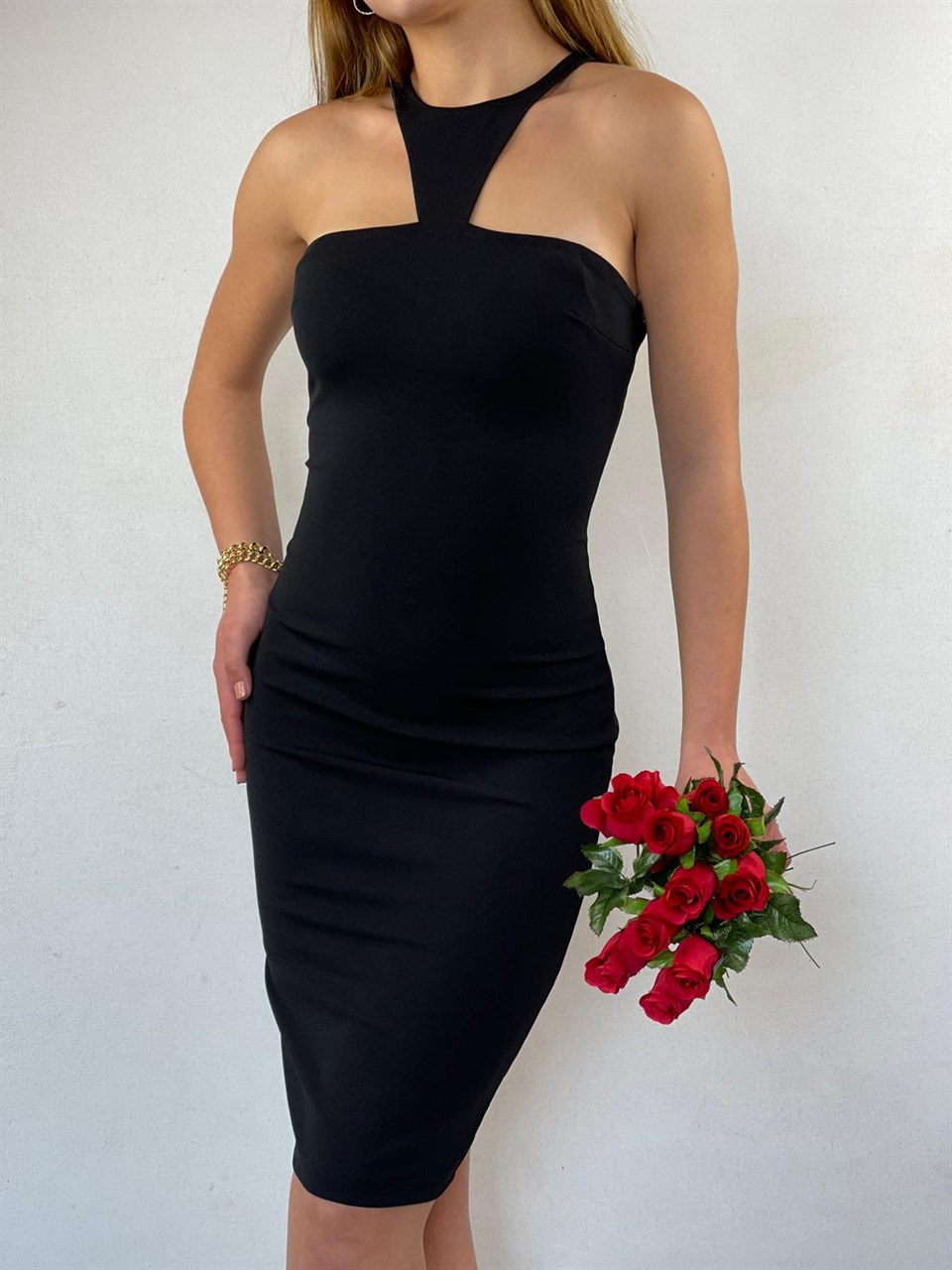 Yaka Detay Straplez Kesim Kalem Elbise