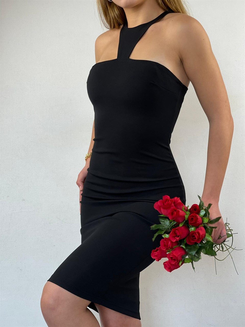 Yaka Detay Straplez Kesim Kalem Elbise