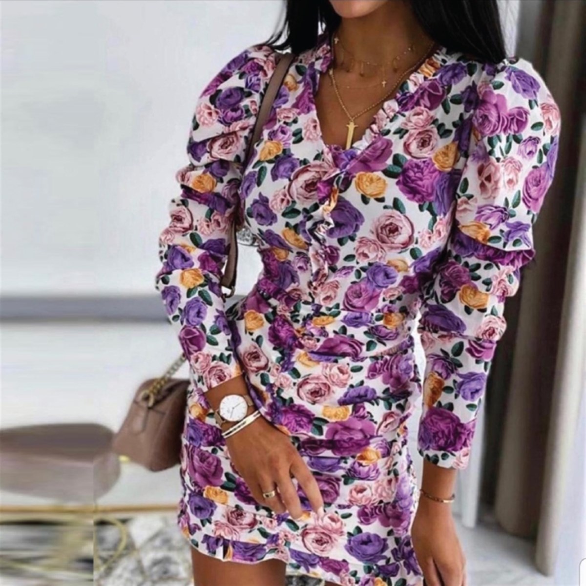 YAKA VE ETEK UCU FIRFIRLI  FLORAL DESEN ELBİSE 
