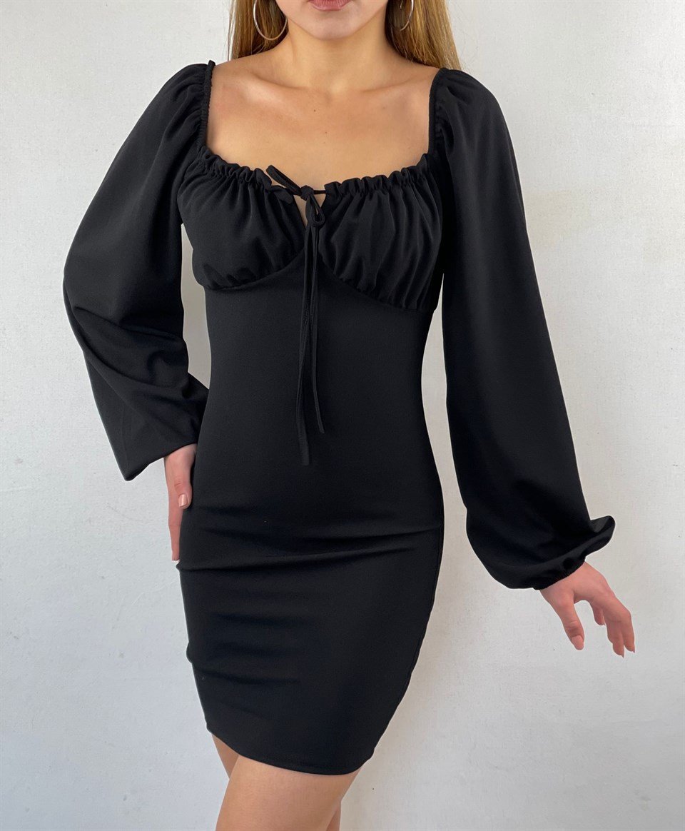 Yakası Büzgülü Crep Dokuma Kumaş Elbise