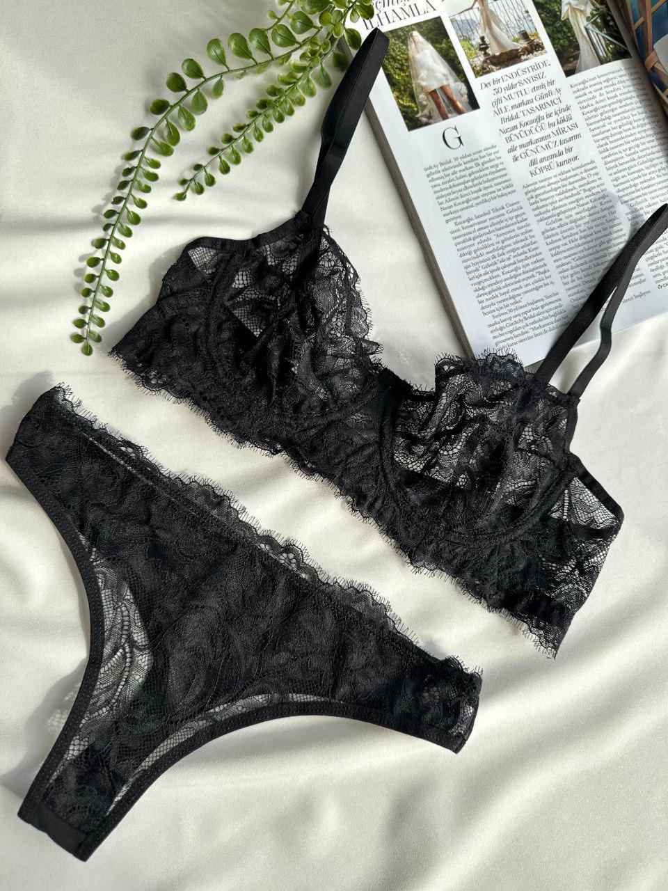 Yaprak Desen Balenli Tül Sütyen Takım Siyah