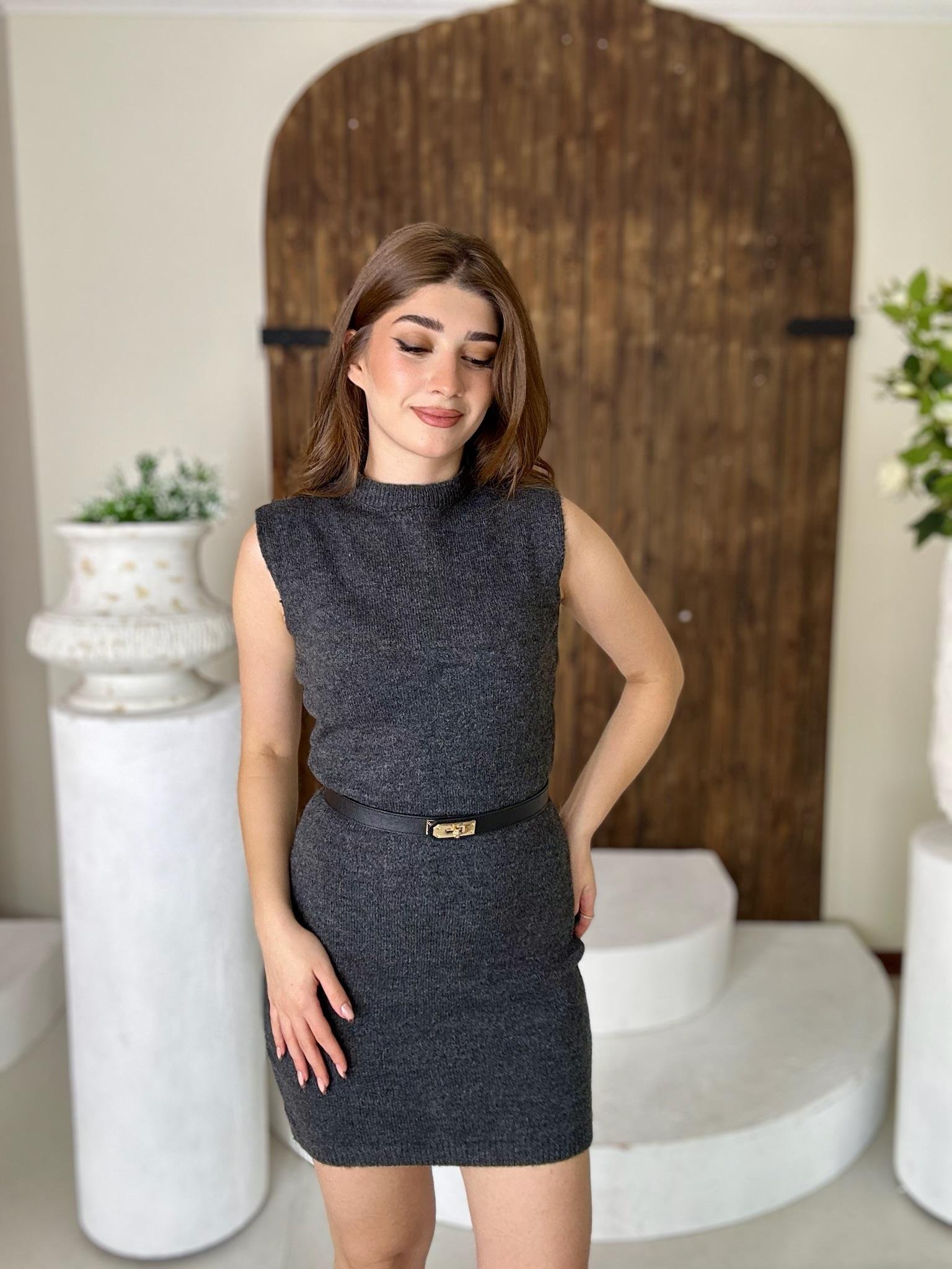 Yarım Balıkçı Yumoş Triko Elbise Kemer Dahil Değildir Antrasit