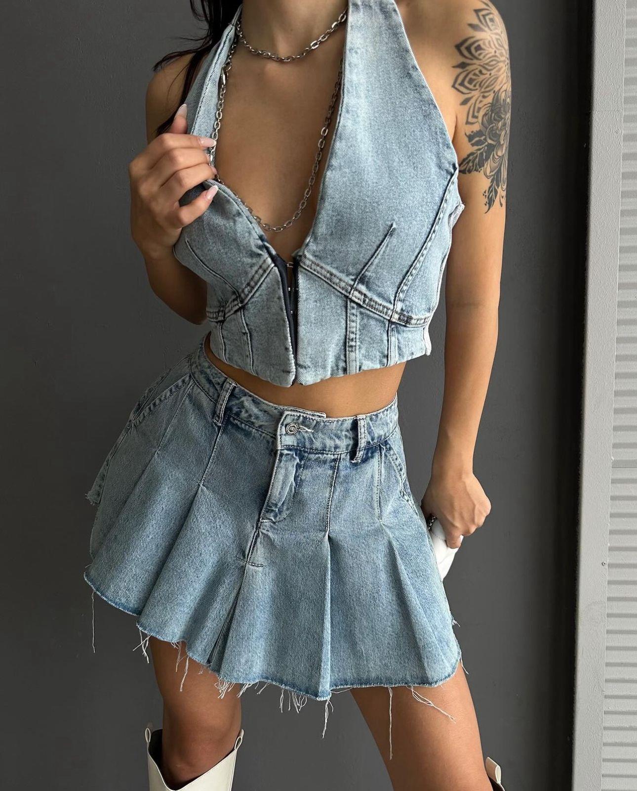 Yıkamalı Jean Kumaş Pileli Şort Etek 