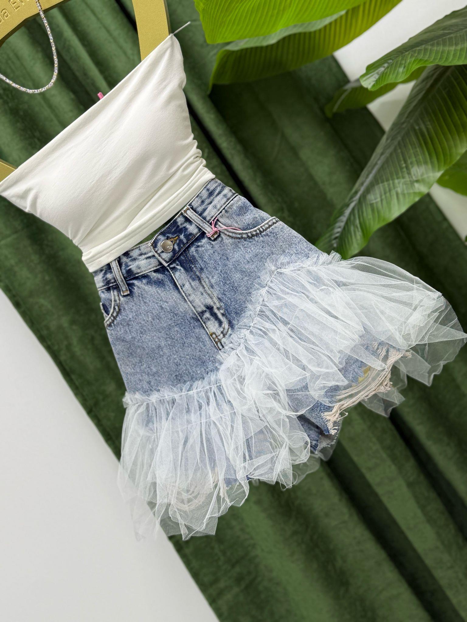 Yıkamalı Jean Kumaş Tül Detaylı Şort Etek 