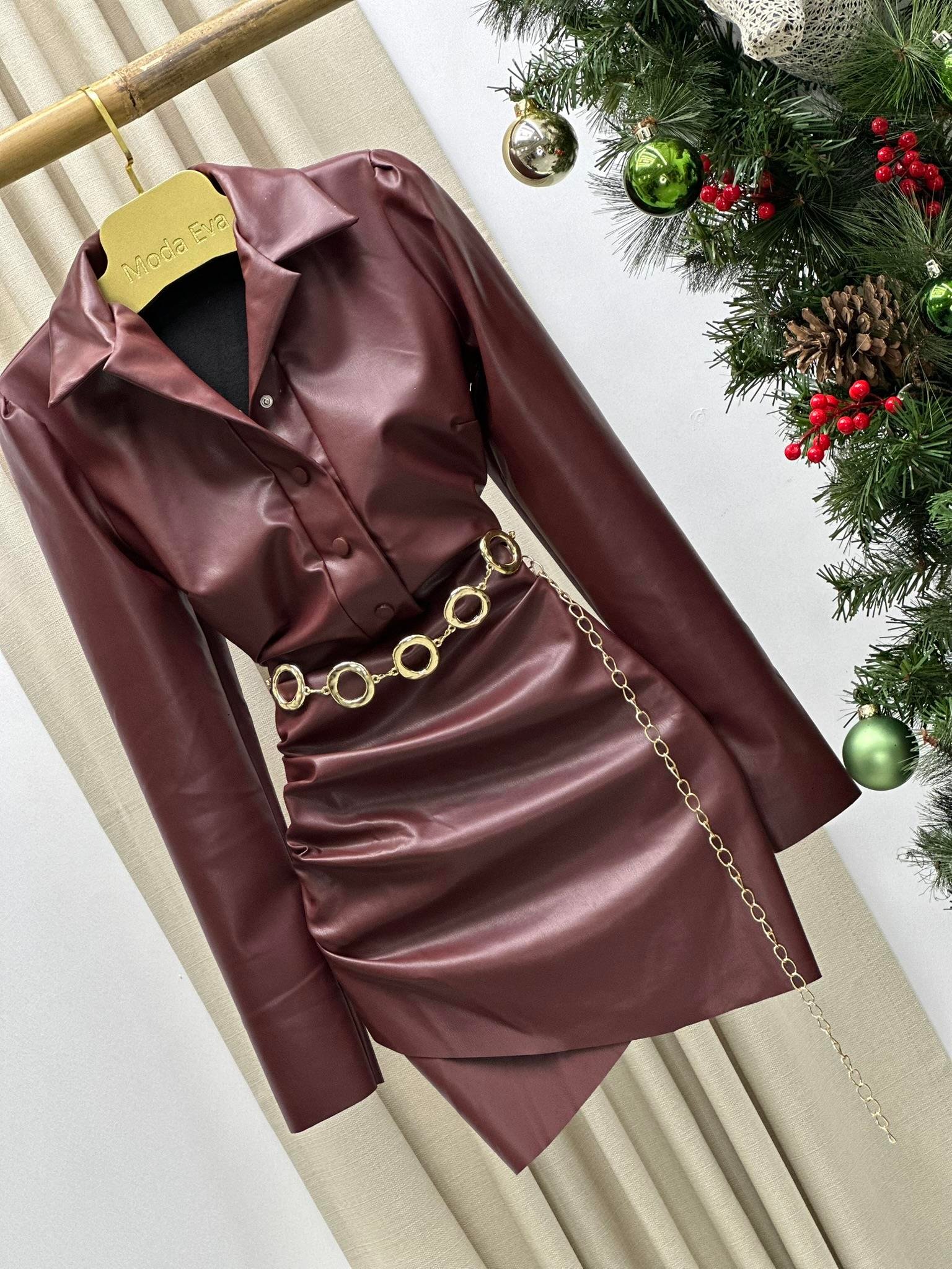 Zarf Etekli Çıt Çıt Düğmeli Deri Gömlek Elbise