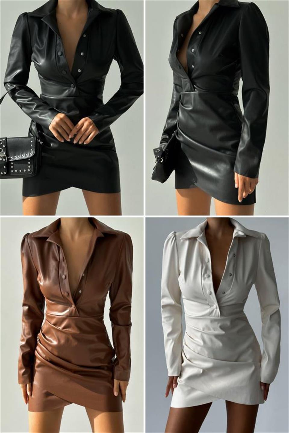 Zarf Etekli Çıt Çıt Düğmeli Deri Gömlek Elbise