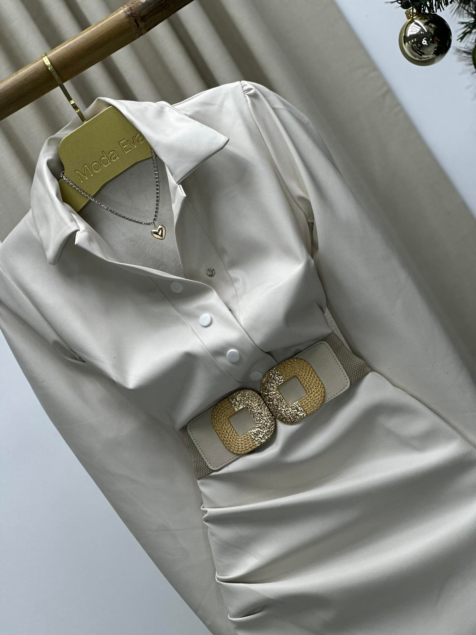 Zarf Etekli Çıt Çıt Düğmeli Deri Gömlek Elbise