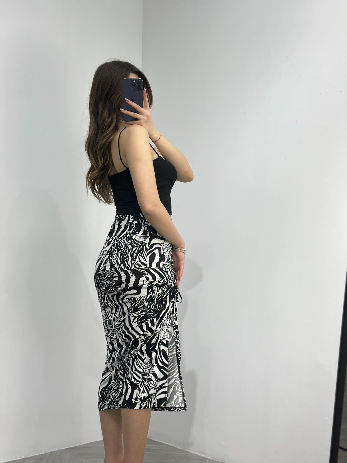 Zebra Desen Kristal Pamuk Kumaş Drapeli Eteğimiz