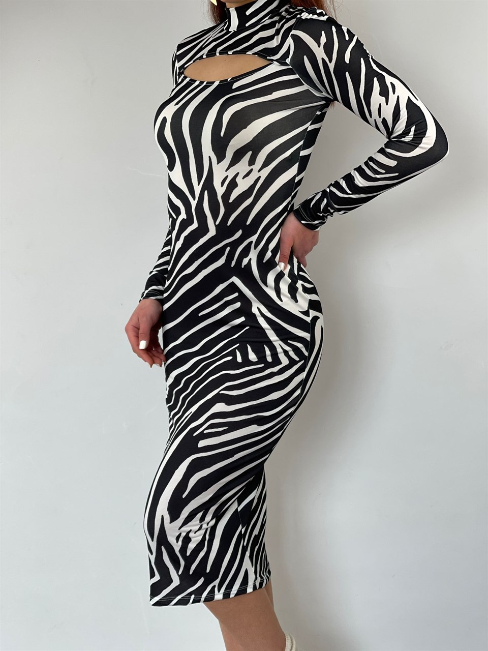 Zebra Desen Pencere Detay Uzun Elbise