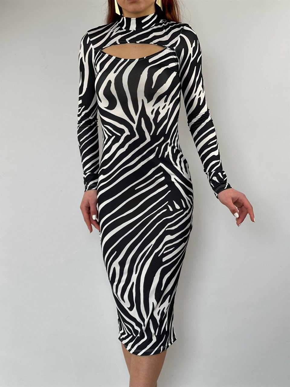 Zebra Desen Pencere Detay Uzun Elbise