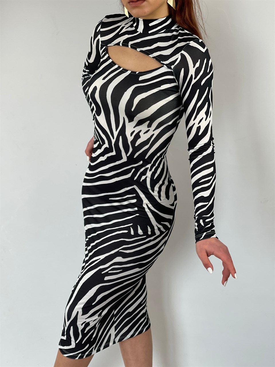 Zebra Desen Pencere Detay Uzun Elbise