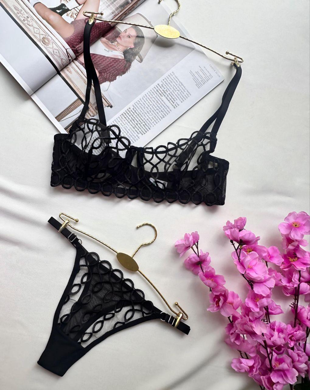 Zincir Nakışlı Balenli Tül Sütyen Takım Siyah