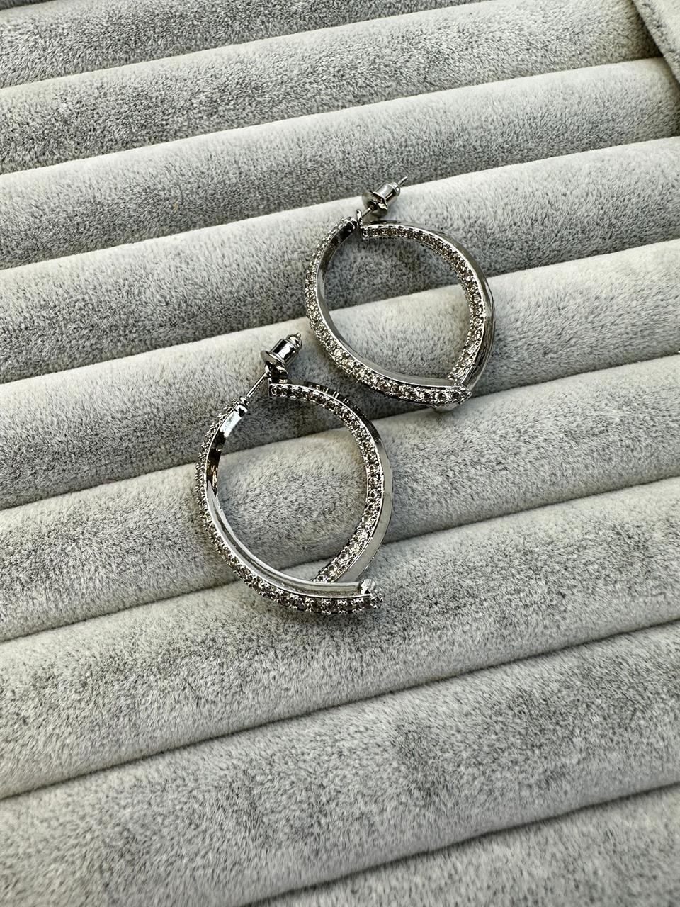 Zirkon Taşlı Tasarım Çift Parçalı  Halka Küpe 