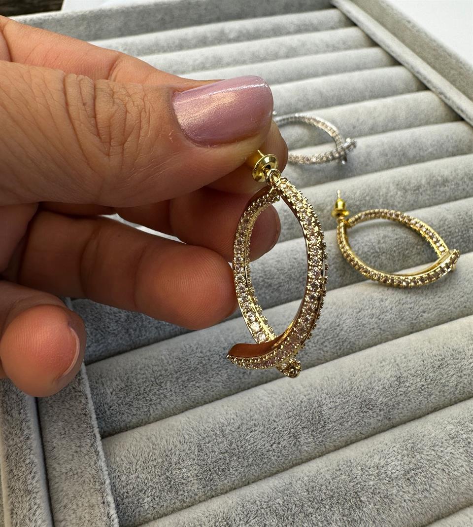 Zirkon Taşlı Tasarım Çift Parçalı  Halka Küpe 