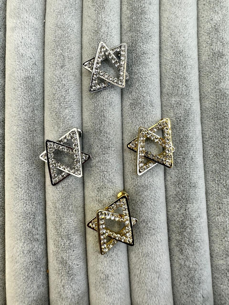 Zirkon Taşlı Tasarım İç İçe Çift Üçgenli Küpe 