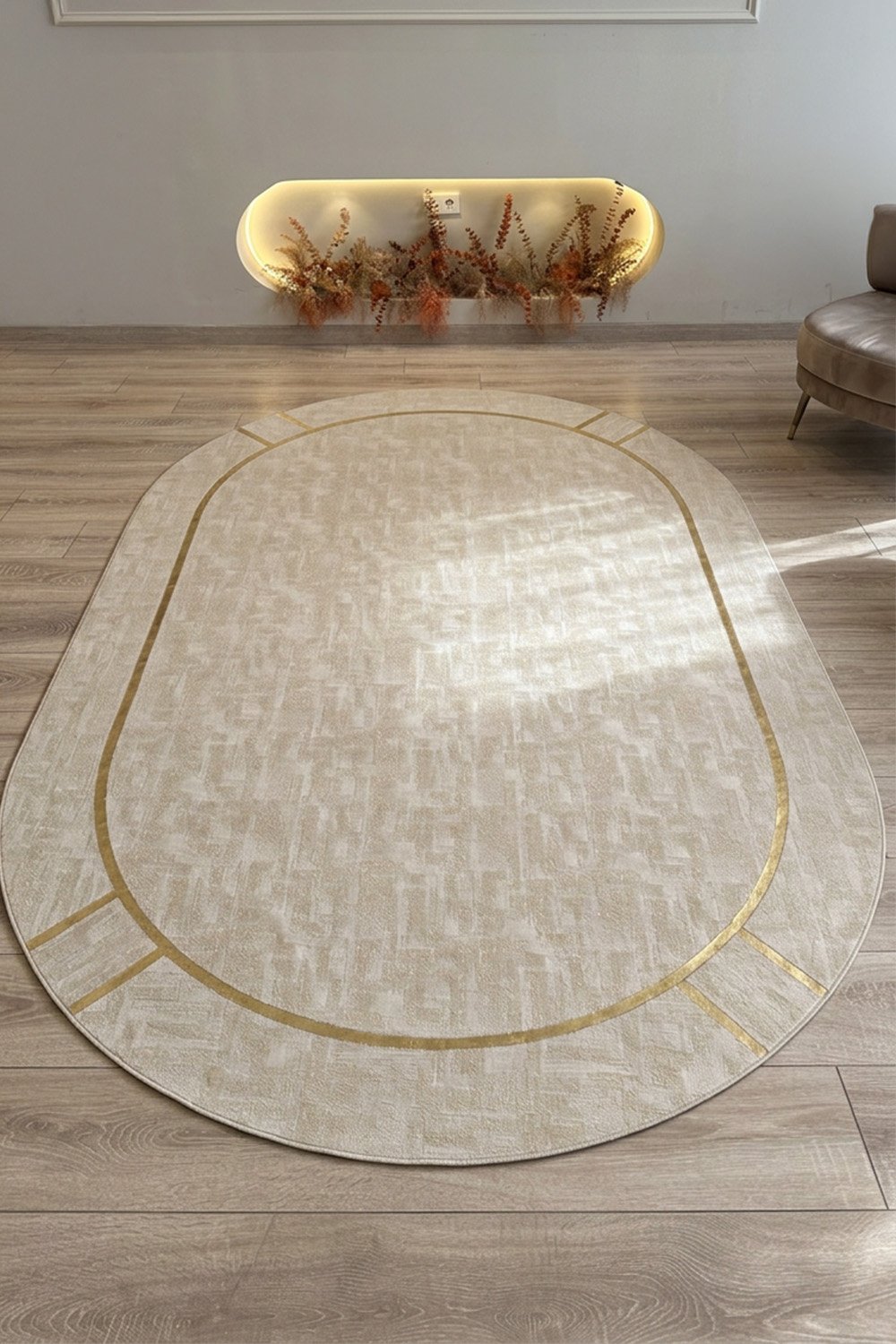 Bej Gold Rono Deri Oval Halı