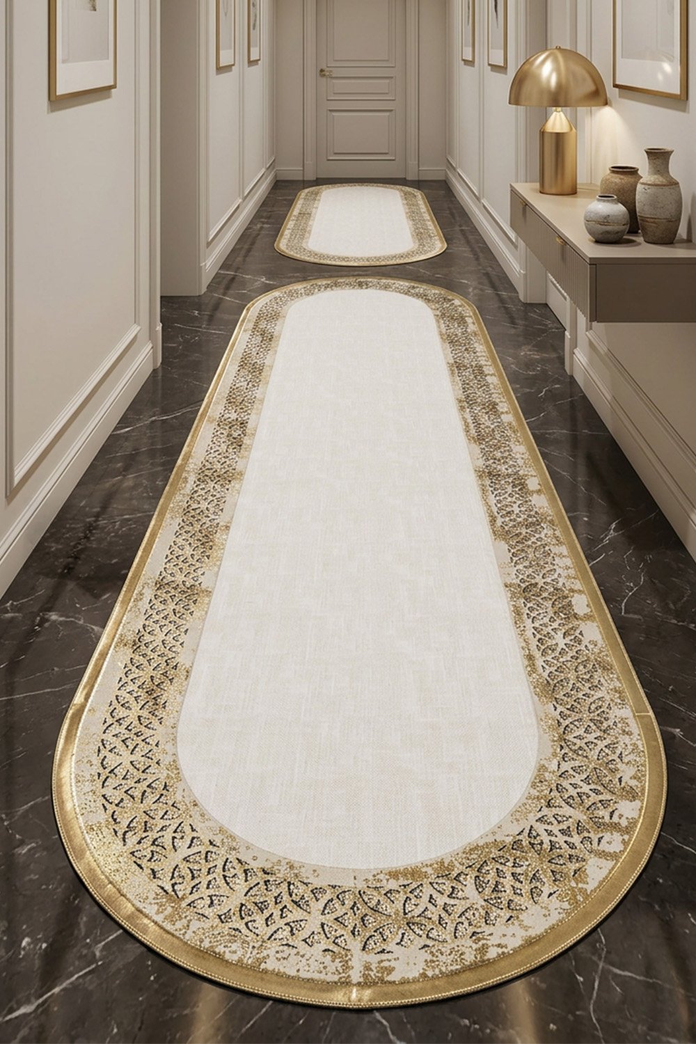Eskitme Gold Beyaz Rono Deri Oval Halı